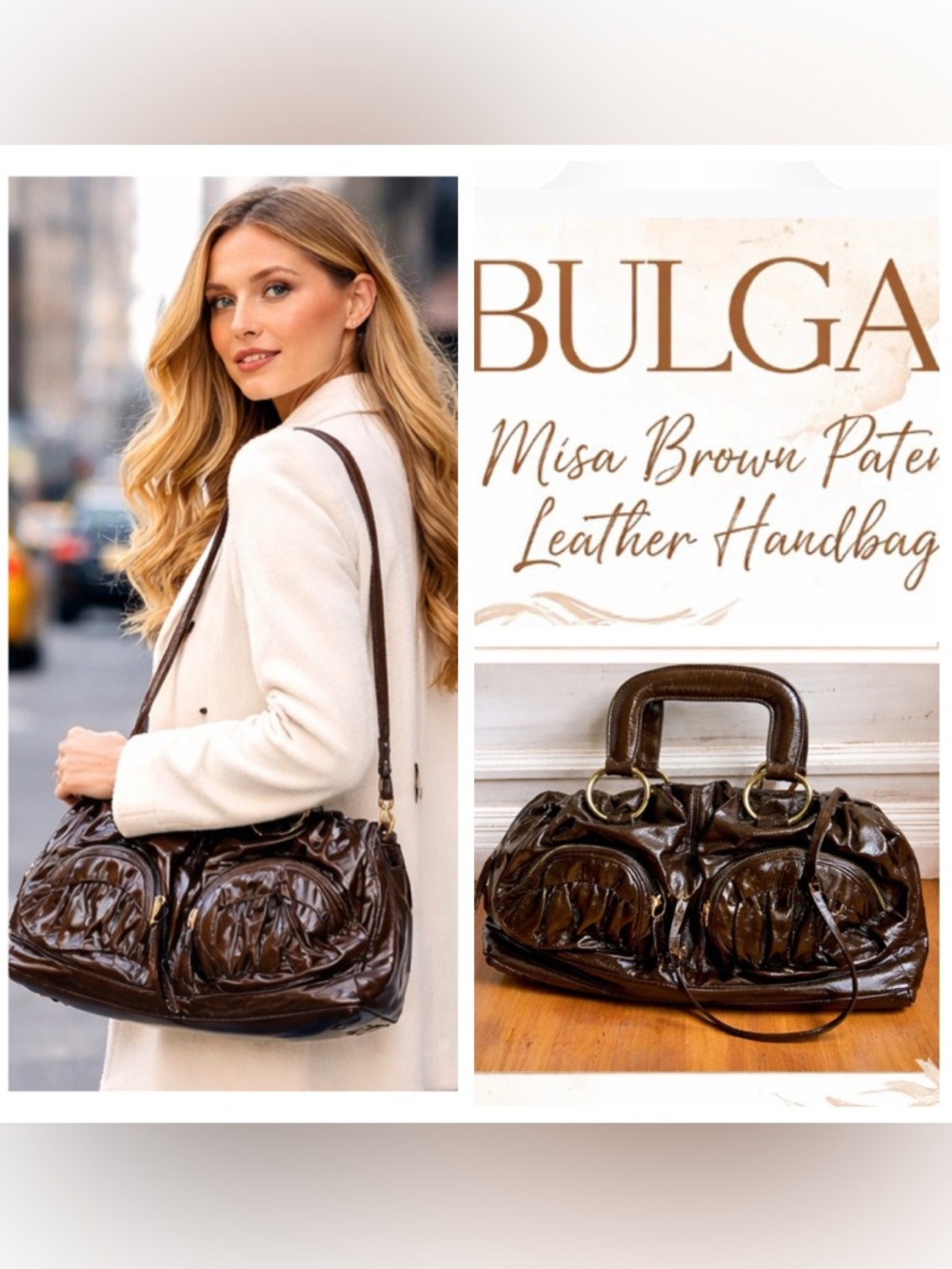 BULGA Misa Brown Patent Leather Handbag 💯% Authentic